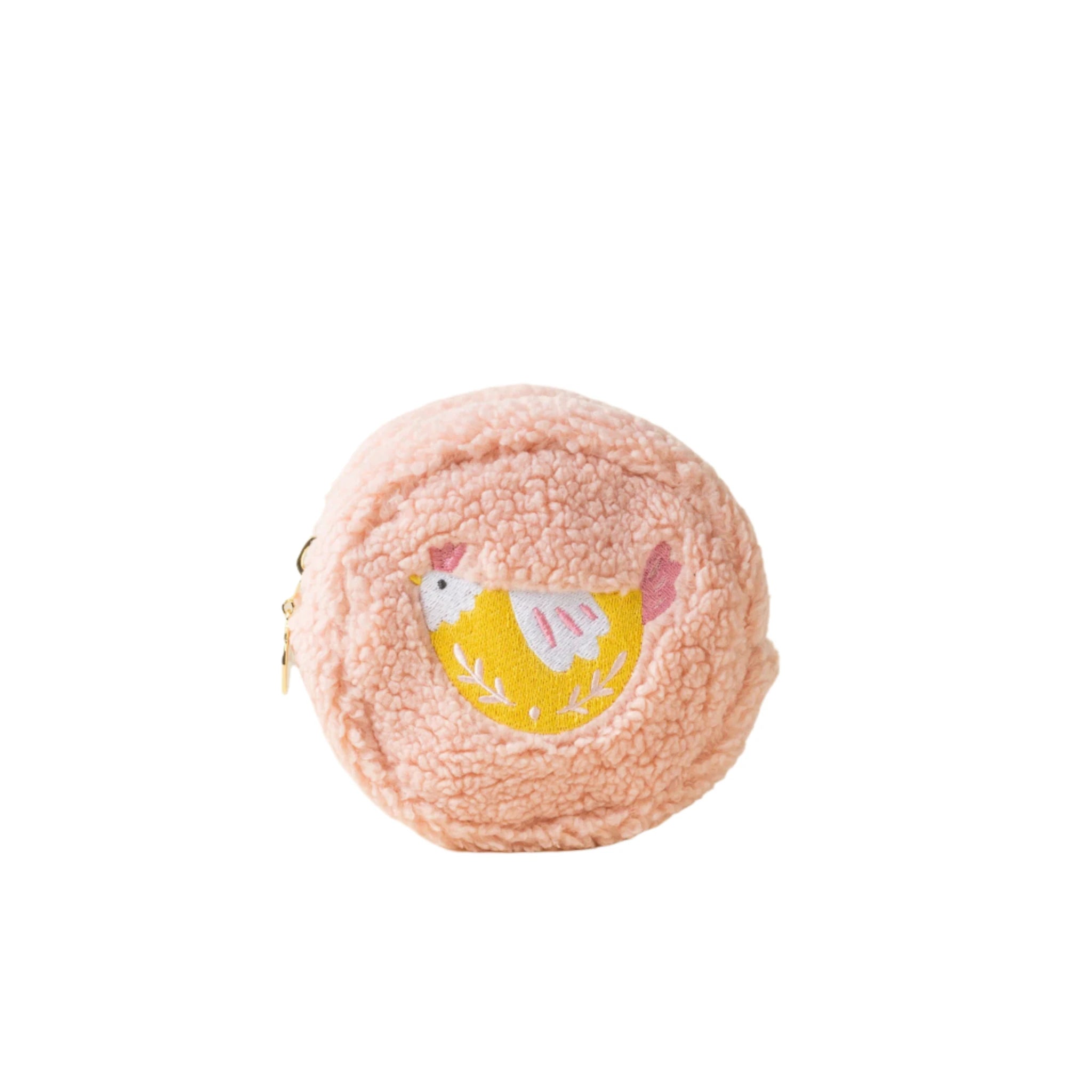 Spring Chicken Circle Teddy Pouch with embroidered yellow bird and sherpa fabric – Funky Confetti